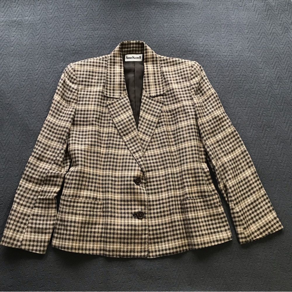 Vintage Anne Klein II Classic Checkered Blazer 100% Linen Neutral Brown Tan 6